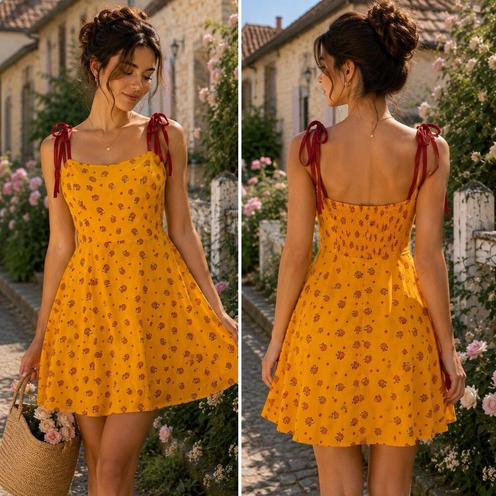 MintCheese SCULTURE Japan Rose Print Mini Dress M Yellow Tie Strap Coquette